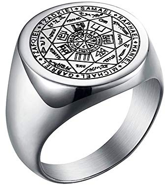 BlackAmazement Bague en acier inoxydable 316L - Sceau des sept archanges - Bague ronde - Argent - Pour homme et femme, Acier inoxydable