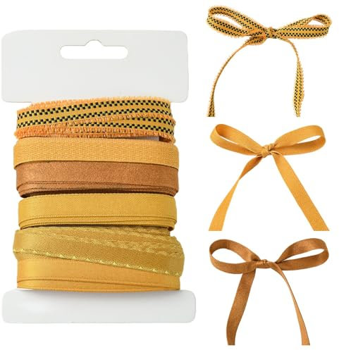 Stiesy Polyester-Satinbänder für Geschenkverpackungen, hängende Schleife, Basteln, gelbes Band für Luftballons, Haare, Blumensträuße, Kuchen, Schleifen, DIY, Nähen, Party-Dekoration, 12 m, 6 Stile