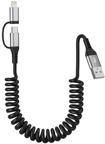 USB auf USB C Lightning Spiralkabel, 2 in 1 Multi USB Kabel für Android Auto & Apple Carplay, [MFi & 3A Fast Charge] iPhone Ladekabel mit Schnellladen & Datenübertragung für iPhone 16/15/14/Huawei