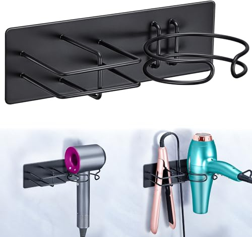 XILIMEN Hair Dryer and Straightener Holder Wall Mounted, Self Adhesive Metal Blow Dryer and Flat Iron Curler Storage Organiser Stand for Dressing Table Bathroom (Black)
