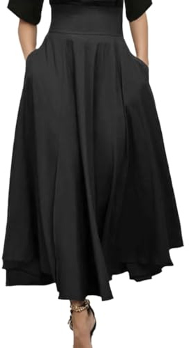 EMOTTOS Falda Larga Mujer, Lazo Cintura Nudos Frilly Falda Cintura Alta, Dos Bolsillos Laterales, Una Línea Flowy, S, Negro