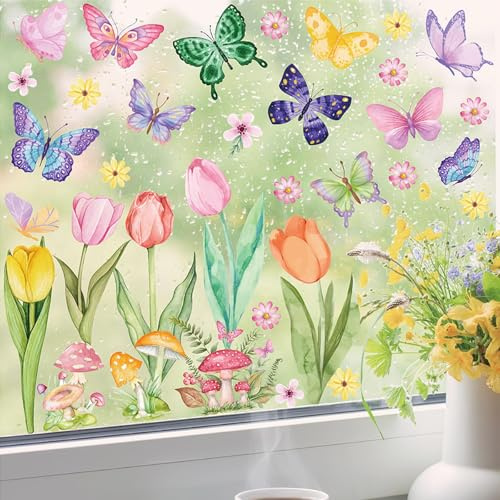 Fensterbilder Frühling Selbstklebend 8 Stück Fensteraufkleber Blumen Fenstersticker Schmetterling Fensterfolie Vögel für Fensterdeko Frühling （A）