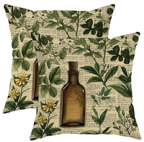 Herbal Pillow Covers Set of 2, Botanical Green Plant Throw Pillows Case, Nature Decorative Square Home Sofa Bed Couch Decor 18x18 Inch