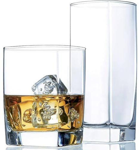 LOITTAINUE Lot de 8 verres à eau, 4 verres à long drink de 280 ml et 4 verres à whisky de 250 ml, verres de qualité supérieure pour vin, jus, eau, café glacé, whisky, cocktails