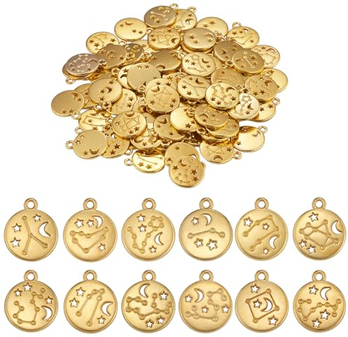 LEGENTLISUR 84 Stück 12 Sternzeichen Anhänger Flach Rund Legierung Gold Anhänger Charms Zur Schmuckherstellung Armbänder Halsketten DIY Astrologische Anhänger