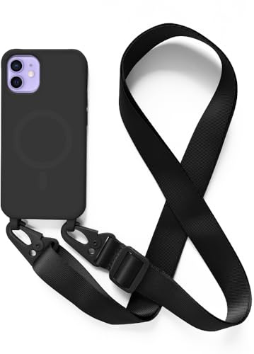 Leather Armor Handykette Hülle für iPhone 12 Mini(5.4) mit Band Halsband Lanyard (abnehmbar) Handyhülle, Verstellbarer Lanyard.Magnetisch Stoßfest Silikonhülle Wireless Charging kompatibel .-Schwarz
