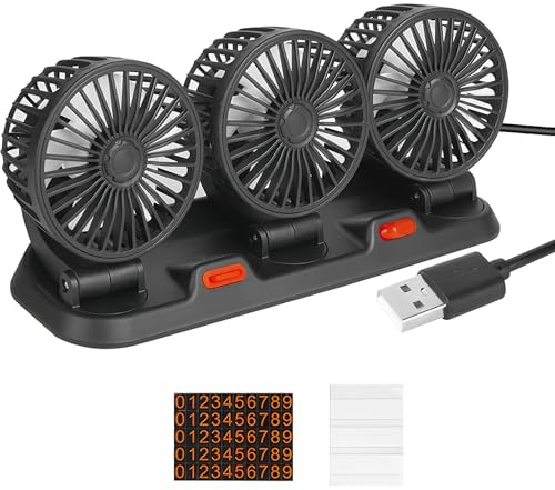 BORDEAG Ventilador Coche USB,Ventilador De Coche De Tres Cabezas Para Asiento Trasero Usb Para El Asiento Trasero De Rotación De 360° 12 V, Para Camión, Furgoneta