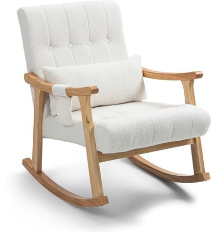 EROMMY Fauteuil à Bascule, Fauteuil de Relaxation en Tissu Teddy avec Coussin Lombaire & Poche Latérale, Rembourré en Tissu Doux, avec Cadre en Bois de Caoutchouc, pour Salon, Chambre à Coucher, Blanc