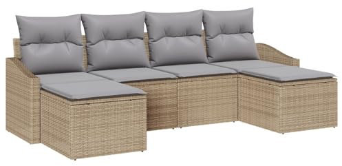 vidaXL 6-teiliges Garten-Esstisch-Set mit Kissen in Beige aus Poly-Rattan – Wetterfestes, modulares Loungesofa für Balkon und Terrasse, das bequem ist.