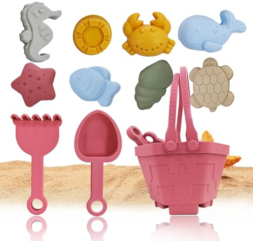 CHSEEO Sandspielzeug Silikon, 11 Stück Strandspielzeug Kinder, Sandkasten Spielzeug mit Eimer, Sandformen, Tierformen, Netzbeutel, Gartenspielzeug für Kinder, Sandspielzeug für Mädchen Junge(Rosa)