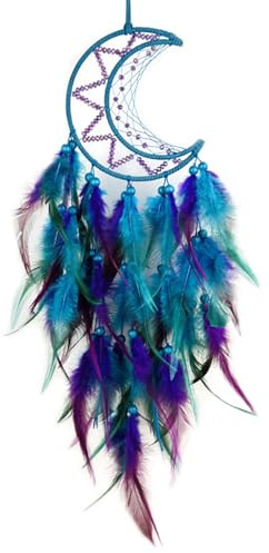 Oenothera Dreamcatcher Blauer Vintage Feder Traumfänger, Handgefertigt Dreamcatcher mit Federn, Mond Traumfänger für Wandbehang Wohnkultur Ornamente Handwerk（BlauLila）
