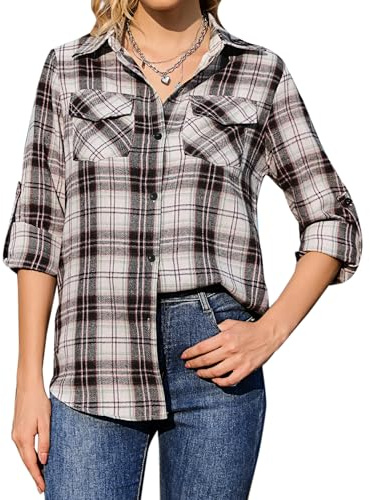 Totatuit Flannel Checked Shirts Womens Classic Long Sleeve Plaid Shirt | Ladies Blouse V Neck Button Down Checked Shirt with Pocket Classic Design Adjust Sleeves Soft Feel, Flexible And comfortable