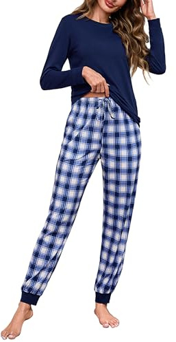 Aseniza Pyjamas, dam, lång bomull, pyjamas-set, långärmad, nattkläder med fickor, hemmadräkt för vinter, sovkläder, tvådelad, blå, M
