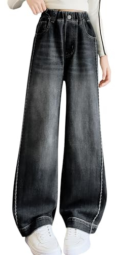 Domueay Jeans pour Filles Baggy Denim Pantalon Long avec Haute Taille Élastique, Loose Fit Doux Mode Casual Polyvalent Enfants Vetement Décontracté Ado Streetwear pour 11-12 Ans, Gris