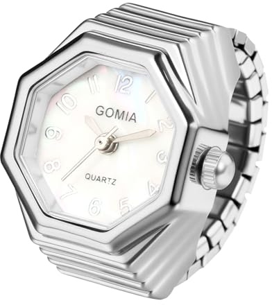 JewelryWe Ringuhr Achteckige Elastische Fingeruhr Analog Quarz Fingerringuhr Damen Herren Dehnbarer Metallband Ring Uhr Uhrenring mit Achteck Perlmutt Zifferblatt