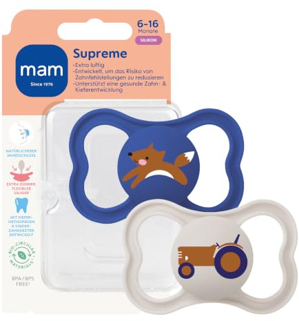 MAM Supreme Schnuller | 6-16 Monate | 94% Akzeptanz | Babyschnuller beugt Zahnfehlstellungen vor | besonders Hautfreundlich | SkinSoft Silikon | Fuchs/Traktor | 2 Stück