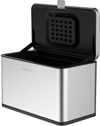 EverGrove Hanging Kitchen Bin with Removable Inner Bucket (Brushed Silver) | 2-way lid, removable inner bucket and 3 mounting options for cabinet doors up to 2.5 cm; ideal beside the prep area