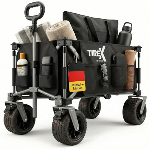 TIREX by xonic® Bollerwagen Faltbar PU XL Rädern aus Vollgummi – Strand & Garten Faltbarer verstellbarem Griff & Fußbremse – Robuster Transportwagen für Kinder & Camping (PU XL Räder, Schwarz)