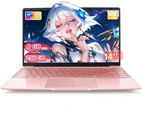 Amita PC Portatile 14 Pollici,8GB DDR4,Processore Celeron,Schermo IPS FHD 1920x1080,Wi-Fi Dual-Band,USB 3.0,Custodia Tastiera(Tastiera ITA) e Mouse Inclusi - Rosa Oro (GB, 256)