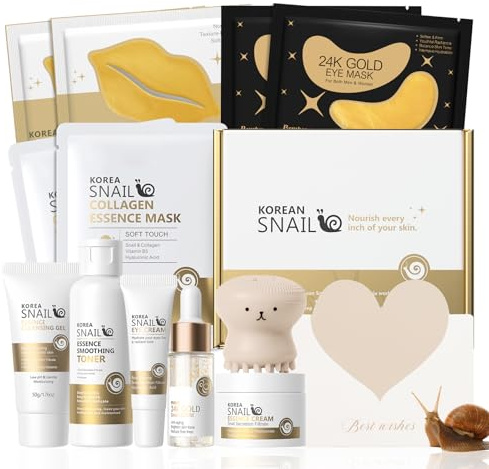 BeauBase Korea Snail Skincare Set, 13 piezas Kit de Cuidado Facial Mujer, con Limpiador Facial Tonico Serum Crema Mascarilla Labios Parches Ojos, para Piel Radiante y Luminosa