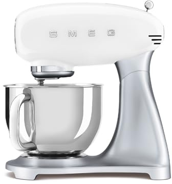Smeg, Robot de cocina SMF04WHEU, 10 velocidades, sistema Smooth Start y función de concordancia, cuenco para mezclar de 4,8 litros, seguridad del motor, incluye 2 batidores y gancho para amasar, 800 W