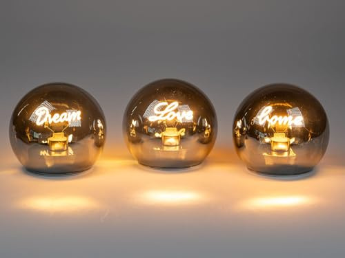 formano LED-dekoration, set med 3 lysande kulor med bokstäver Dream Love Home 12 cm glasboll – varmt vitt stämningsljus, batteridriven, silverspegel på dag, för bord, fönsterbräda och hylla