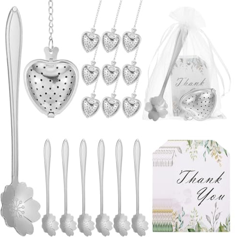 sourcing map 25 Set Bridal Shower Tea Party Favor for Cherry Blossom Spoon Heart Shape Infuser Ball with Thank You, Card Mesh Bag,for Wedding Souvenir Gift, Tea Accessories, Return Gift, Silver