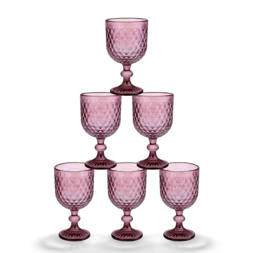 INDE SANTA CLARA | Set 6 Copas de Agua Cristal 350cc Orbel Morado, Copa Vaso Vino de Vidrio Relieve Morado, Aptas Lavavajillas y Microondas