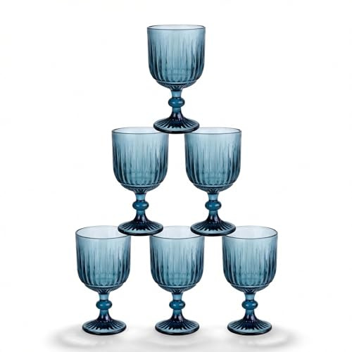 INDE SANTA CLARA | Set 6 Copas de Agua Cristal 350cc Odiel Azul, Copa Vaso Vino de Vidrio Relieve Azul, Aptas Lavavajillas y Microondas