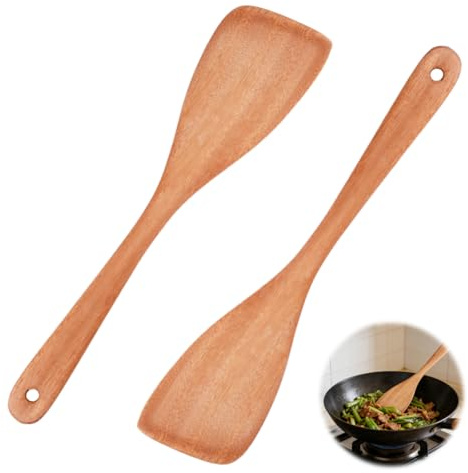 2 stycken stekspade trä diskmaskinssäker, 33 cm stor träskrapa panna, träspatel kök med långt handtag, träspatel non-stick, värmebeständiga köksredskap trä för att skydda köksredskap