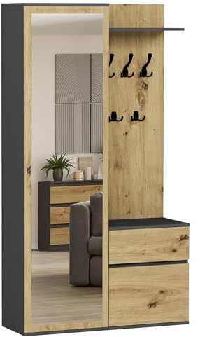 Framire Flurgarderoben-Set Anthrazit/Artisan Eiche 100 cm – 3-teilig: Schrank mit Spiegel, Garderobenpaneel, Schuhschrank mit Schublade, modulare Garderobe, Modern V-5