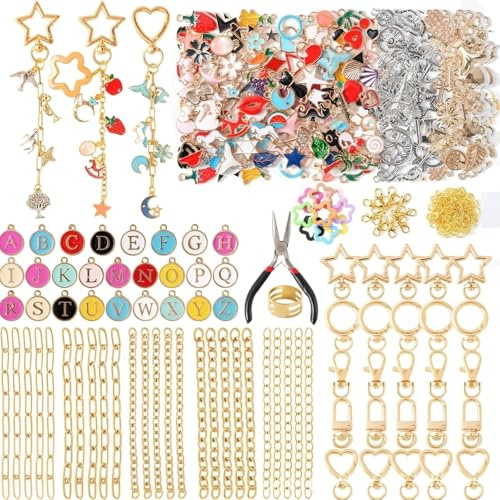 Tarqite 428 Stück Schlüsselanhänger Bastelset, Schlüsselanhänger Selber Machen, Charms Anhänger Set, DIY Keychain Set für Taschenanhänger, Schlüsselanhänger und Geschenke