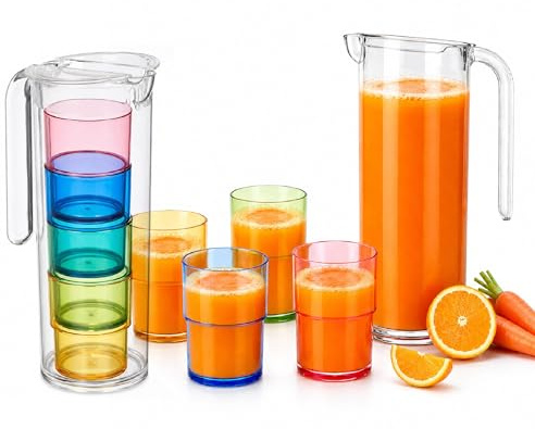 TIENDA EURASIA – Set Jarra 1.6 L con 4 Vasos | Plástico Libre de BPA | Jarra Transparente con Asa | Colores Surtidos | Ideal para Agua, Zumos y Bebidas | Uso Diario