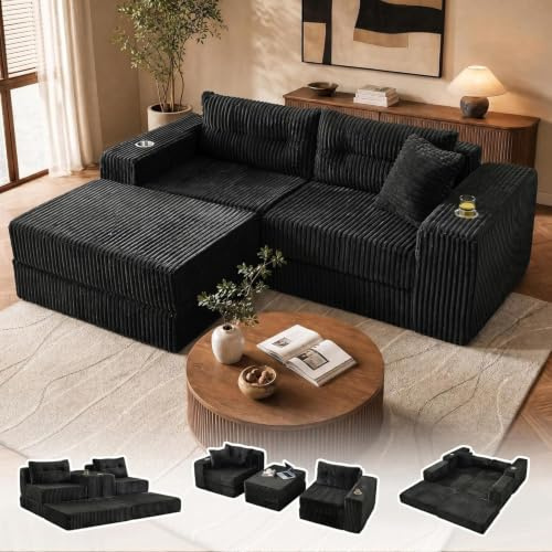 GRAVFORCE Modulares Schlafsofa 204cm L-Form Ecksofa mit Schlaffunktion | Boneless Couch mit Getränkehalter, Sofa Bed mit tieferer Sitzfläche, umwandelbar montagefrei Bodensofa für Wohnzimmer Schwarz