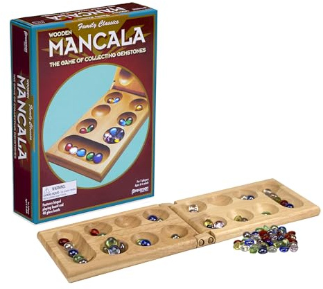 Pressman Mancala Board Game | Fun Classic Table for Adults & Kids | Includes 48 Glass Mancala Stones and Wood Hinged Playing Board | 2 Players, Ages 6+