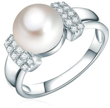 Valero Pearls Damen Perlenring aus 925 Sterling Silber mit Süßwasser-Zuchtperle 9-10 mm Zirkonia weiß