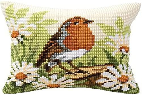 Vervaco Kreuzstich Stickpackungen Kissen Stickerei Set Anfänger Vorgedruckt Rotkehlchen DIY Set Kreativ Set Für Erwachsene Dekoratives Kissen ca. 40 x 40 cm Bastelset Handwerker Haus Dekoration