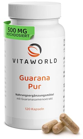 Guarana Pur 500mg – Guarana Kapseln mit 180mg Koffein pro Tagesdosis (120 Kapseln) – Guaranaextrakt als natürlicher Wachmacher - Alternative zu Kaffee – laborgeprüft, ohne Zusätze – vitaworld