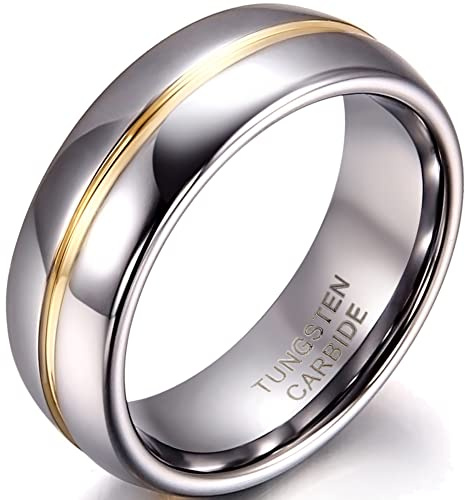 JewelryWe Wolfram Ring Herren Damen - 6/8mm Breite Wolframcarbid Herren-Ring Damen-Ring Gold Rille in der Mitte Partnerringe Hochzeit Engagement Band Silber Größe 52 bis 74