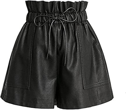 SCHHJZPJ Pantalones Cortos Negros de Piel sintética de Cintura Alta y Pierna Ancha para Mujer, Negro, Large