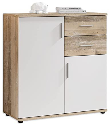 BOBBY Kommode Sideboard in Old Style Optik und Weiß, 80 x 82 x 35cm (B/H/T) | Modernes Sideboard mit mehreren Türen und Schubladen, Kunststoff-Griffe in Alu-Optik, viel Stauraum für Wohnbereich
