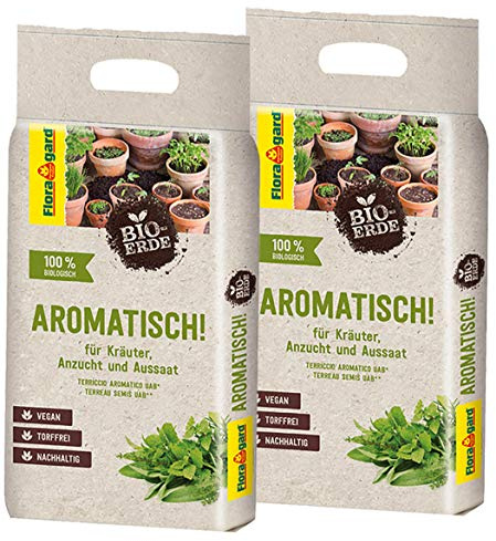 Floragard Bio-Erde Aromatisch 6 L (2×3 L) – torffreie, vegane Kräuter- & Anzuchterde mit lockerer, feiner Struktur für Aussaat, Kräuter & Jungpflanzen – fördert Gute Keimung & gesundes Wachstum