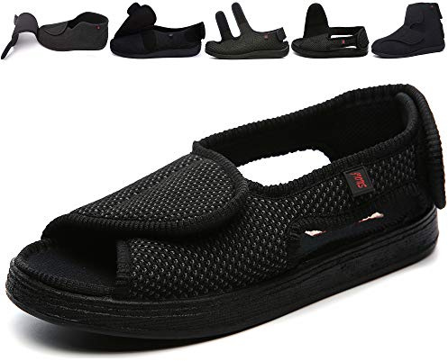 JIONS Unisex Diabetic Shoes for Women Men Adjustable Velco Slippers Swollen Feet Edema Extra Wide Shoes Indoor Outdoor Large Size (39/8.5/6, D- Breathable Black)