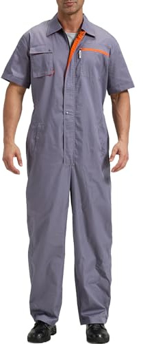 Yukirtiq Tuta da Lavoro Intere da Uomo Tute da Meccanico Manica Corta Leggero Tute da Lavoro Estate Traspirante Salopette da Lavoro, Grigio, M