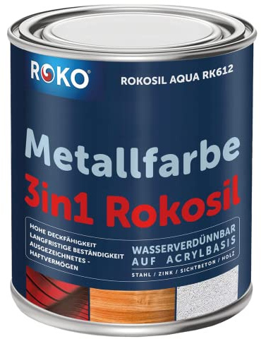 Metallfarbe ROKOSIL - 0,7 Kg in Grau - Seidenmatt - 3in1 Metallschutzlack inkl. Grundierung, Rostschutz & Deckfarbe