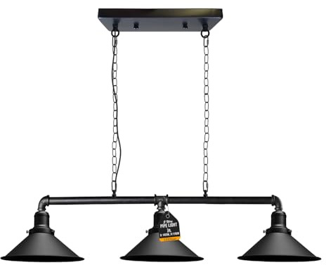 LEDSone 3-flammige industrielle Vintage-Retro-Stil-Steampunk-Röhrenlichtleiste mit Lampenschirm, Pendelleuchte, Metallröhrenbeleuchtung (Schwarz)