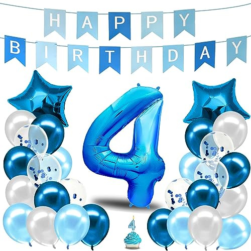 envami® Geburtstagsdeko Jungen Blau Zahl 4. Happy Birthday Deko Geburtstag Junge Folienballon 4 Luftballon 4. Geburtstag Kindergeburtstag Deko 4.