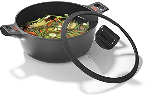 N8WERK Aluguss-Kochtopf mit Hitze Indikator ⌀28 cm, 6,0 Liter | Farbwechsel-Temperaturanzeige, Deckel mit Silikon-Umrandung, 3-fach Ilag Ultimate Versiegelung | Alle Herdarten, auch Induktion