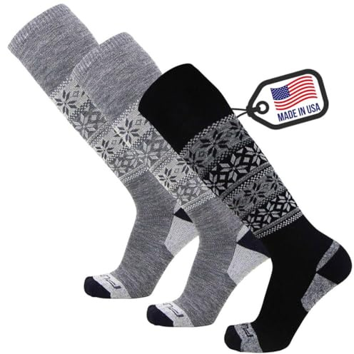 Pure Athlete Alpaca Ski Socks – Men Warm Wool Sock, Women Skiing, Snowboarding (3 Pack - Black (1) + Grey (2), L)