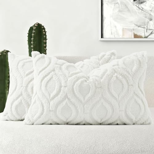 decorUhome Lot de 2 Housses de Coussin rectangulaires en Fausse Fourrure de Style bohème Neutre pour canapé, 30 x 50 cm, Blanc crème